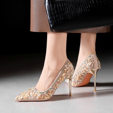 批发法式风优雅亮片水钻超高跟气质女鞋尖头浅口一脚蹬单鞋女