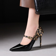 批发欧美风<b class='q'>性感</b>高跟鞋女一字扣带尖头浅口豹纹拼接绸缎细跟单鞋女
