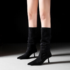 批发长筒靴女细跟高跟褶皱堆堆靴尖头高筒靴弹力靴不过膝骑士靴
