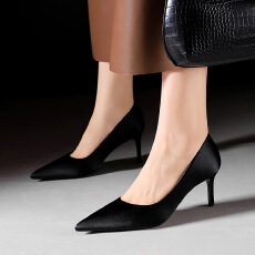 批发欧美一脚蹬细跟性感尖头浅口高跟气质女鞋高级感绸缎单鞋女