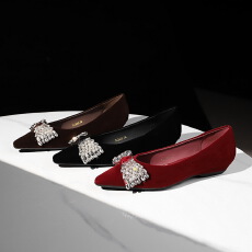 批发法式气质单鞋女时尚水钻蝴蝶结浅口尖头西施绒坡跟鞋子