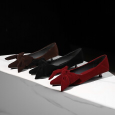 细跟尖头绒面休闲通勤女鞋百搭复古蝴蝶结气质宴会单鞋