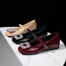 批发法式风时尚圆头浅口绝美水钻方扣一字式扣带内增高单鞋女