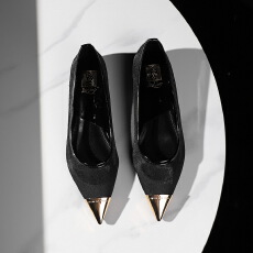 批发韩版复古金属尖头铁头镂空网纱浅口低跟女鞋一脚蹬粗跟单鞋女