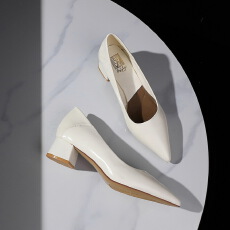 法式经典设计尖头浅口中跟工作通勤女鞋可穿跟鞋百搭粗跟单鞋