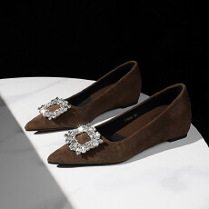 尖头平跟单鞋时尚水钻扣绒面内增高百搭浅口舒适通勤女鞋