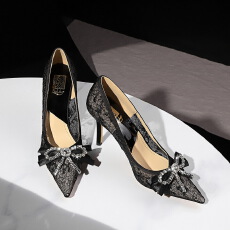 欧美风高跟鞋女蕾丝性感细跟网纱水钻蝴蝶结尖头宴会单