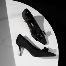 欧美风气质宴会高跟鞋方头浅口蝴蝶结装饰细跟高级单鞋女