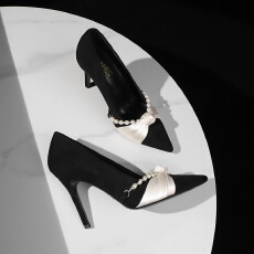 欧美超高跟珍珠丝带蝴蝶结尖头浅口细跟一脚蹬绒面单鞋女