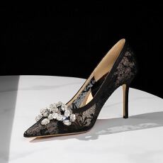 欧美宴会鞋高跟鞋蕾丝网纱水钻蝴蝶结尖头细跟气质单鞋女