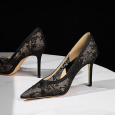 欧美风性感细跟尖头高跟鞋网纱镂空蕾丝浅口气质宴会单鞋女