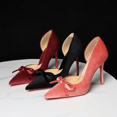 批发欧美宴会高跟鞋女性感细跟丝绒侧空蝴蝶结显瘦尖头单鞋