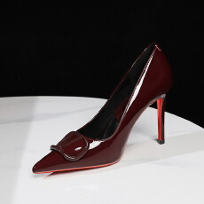 批发欧美风性感红底高跟鞋女V扣漆皮细跟不累脚尖头高跟单鞋