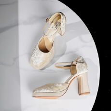 法式优雅甜美风方头浅口防水台超高跟时尚粗跟一字扣单鞋