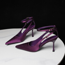 欧美风宴会高跟鞋女尖头绸缎一字带镂空气质性感细跟单鞋