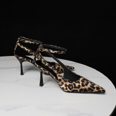 欧美风宴会尖头高跟鞋女后绊带镂空气质性感细跟单鞋豹纹