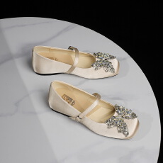 甜美少女风绸缎中跟女鞋水钻蝴蝶一字式扣带内增高单鞋女