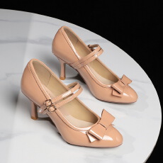 批发韩系小圆头气质高跟鞋女蝴蝶结浅口时尚双排扣漆皮单鞋女