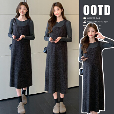 批发实拍孕妇装秋冬套装<b class='q'>连衣裙</b>2025新款孕妈法式穿搭毛呢背带裙两件套