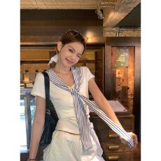批发2026新款白色海军领短袖t恤女正肩夏季设计感V领修身显瘦短款上衣