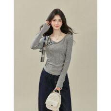 批发2025解构式灰色长袖T恤女秋季蝴蝶结绑带不规则领针织上衣