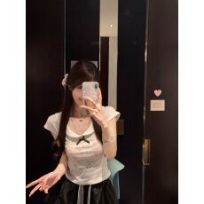 批发【40支92棉8氨纶】设计感猫咪印花短袖<b class='q'>T</b><b class='q'>恤</b>女夏季修身辣妹短款上衣