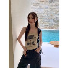 批发己出货 艺术感玫瑰印花褶皱抹胸女夏无袖上衣