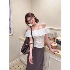 批发韩系甜美风粉色荷叶边一字领<b class='q'>T</b><b class='q'>恤</b>女2026夏季性感修身显瘦露肩上衣