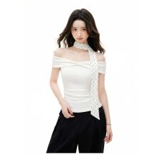批发白色<b class='q'>一字肩</b>波点领带挂脖上衣女夏修身露肩短袖t恤2026新款