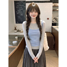 批发韩系穿搭灰色撞色长袖T恤女秋季修身显瘦叠穿吊带内搭<b class='q'>上衣</b>两件套