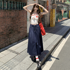 批发点赞藏青色<b class='q'>牛仔</b>半身裙女新款百搭设计感<b class='q'>长裙</b>高腰A字伞裙子