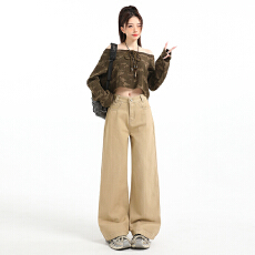 批发点赞卡其色垂感阔腿<b class='q'>牛仔</b>裤<b class='q'>女</b>新款美德拉宽松显瘦直筒拖地裤