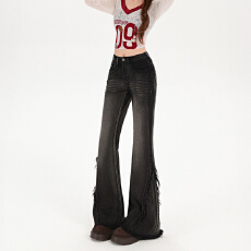 批发点赞黑色美式辣妹<b class='q'>弹力</b>微喇<b class='q'>牛仔裤</b>女新款高腰显瘦毛边喇叭裤