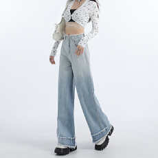 点赞新款渐变蓝色直筒牛仔裤女复古毛边设计宽松阔腿长裤子