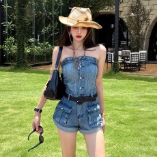 批发时尚设计感<b class='q'>抹胸</b>连衣裤女2025夏季新款纯欲辣妹风性感牛仔连体短裤