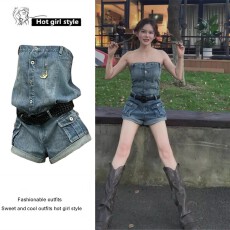 批发美式复古蓝色牛仔短裤女夏季新款设计感辣妹<b class='q'>抹胸</b><b class='q'>连体裤</b>连身短裤子