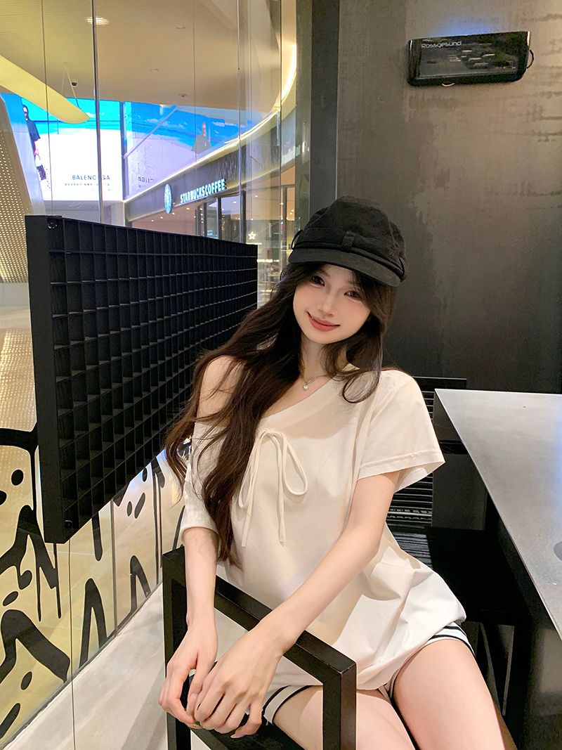 FA35004# 白色斜肩短袖T恤女装夏季小众蝴蝶结系带露肩上衣 服裝批發女裝批發服飾貨源