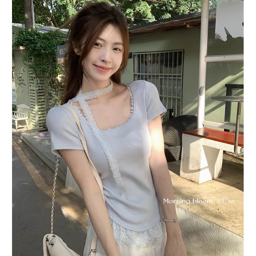 FA35001# 白色蕾丝挂脖u领短袖t恤女夏季短款修身上衣 服裝批發女裝批發服飾貨源