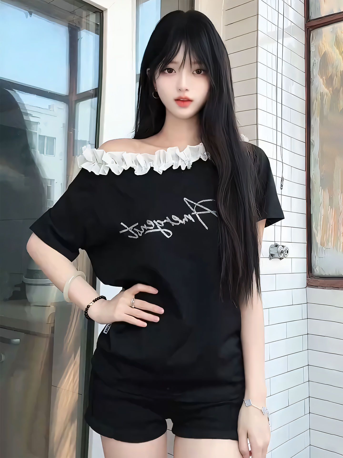 FA34997# 花边斜肩短袖t恤女夏季设计感小众辣妹露肩上衣ins 服裝批發女裝批發服飾貨源