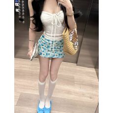 批发抽绳挂脖背心露背上衣印花低腰短裙包臀裙女2025夏季新款时尚套装