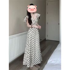 批发法式温柔荷叶边波点连衣裙女学生夏季新款收腰<b class='q'>显瘦</b>绝美过膝长裙子