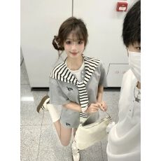 批发甜辣风灰色刺绣披肩T恤短袖上衣套装女夏高腰半身裙<b class='q'>显瘦</b>包臀短裙