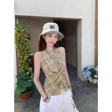 批发设计感格子扭结挂脖背心吊带女夏季小众百搭修身显瘦上衣