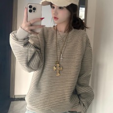 批发已出货 条纹圆领卫衣女2025新款薄款小个子宽松慵懒风长袖上衣