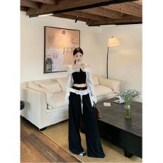 批发波点拼接芭蕾风一字肩抹胸<b class='q'>衬衫</b>辣妹阔腿裤秋季<b class='q'>时尚</b>套装女