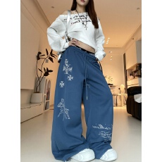 批发已发货 美式复古做旧印花运动卫裤女街头宽松垂感休闲阔腿<b class='q'>裤子</b>