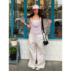 批发已发货 小众撞色腰头可束脚涂鸦<b class='q'>印花</b>长裤宽松休闲阔腿裤