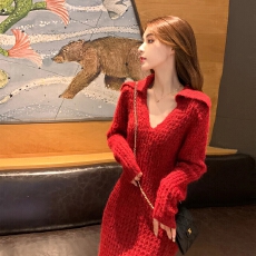 批发已出货 红色针织<b class='q'>连衣裙</b>秋冬小香风修身打底内搭过年毛衣长裙