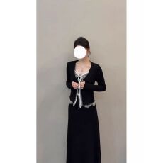 批发已出货 黑色长袖<b class='q'>连衣裙</b>子女装今年流行爆款穿搭套装长裙