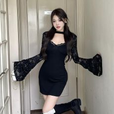 批发已出货<b class='q'>甜美</b>辣妹露背蕾丝长袖连衣裙女秋紧身显瘦打底包臀短裙子